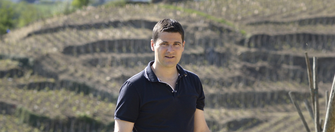 Mann im blauen Polohemd vor terrassierten Weinbergen.