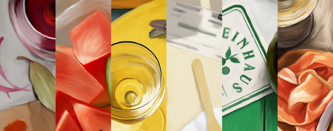 Collage aus Speisen, Getränken, Blumen und Dekor in lebhaften Farben.