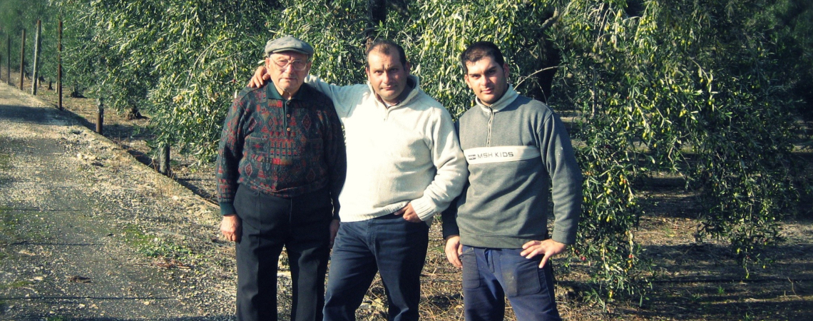 Drei Männer stehen auf einem Feldweg, umgeben von grünen Bäumen.