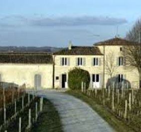 Historisches Landhaus inmitten eines Weinbergs bei klarem Himmel.