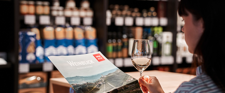 Person liest Broschüre, hält Weinglas in Ladenumgebung mit Regalen im Hintergrund.