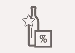 Graues Symbol mit Flasche, Stern und Prozentzeichen auf weißem Hintergrund.