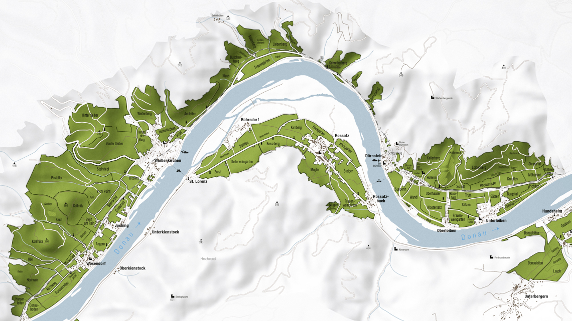 Karte der Donau-Region mit grünen landwirtschaftlichen Flächen und Flussverlauf.