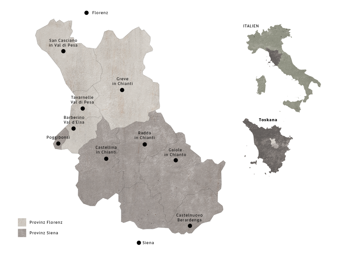 Karte mit hervorgehobenen Regionen in der Toskana und Italien.