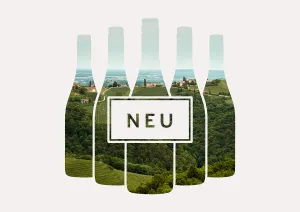 Weinflaschen-Silhouetten mit Landschaftsausschnitt, der grüne Hügel und Gebäude zeigt.