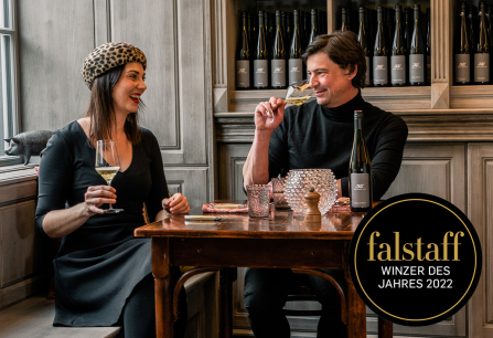 Zwei Personen genießen Wein in gemütlicher, holzgetäfelter Umgebung mit Regal im Hintergrund.