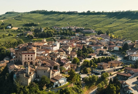 Historische italienische Stadt mit Ziegelhäusern, umgeben von grünen Weinbergen.