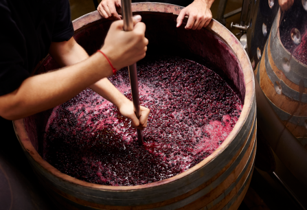 Person mischt Trauben in einem großen Holzfass bei der Weinherstellung.