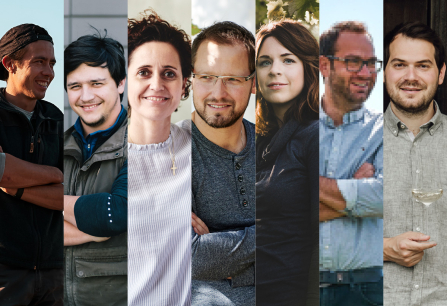 Ein Collage-Bild von sieben lächelnden Personen in verschiedenen Outfits.