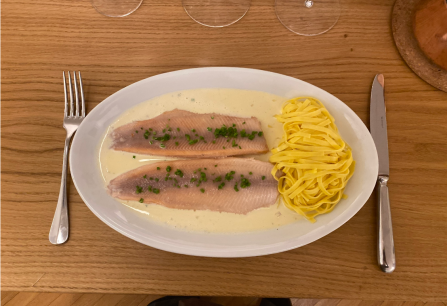 Zwei Forellenfilets in Sahnesoße mit Schnittlauch, serviert mit Tagliatelle auf weißem Teller.